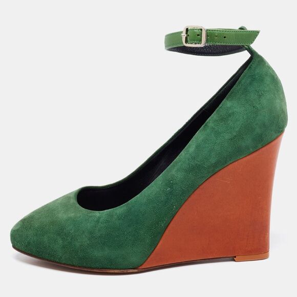 Celine Shoes - Celine Green Suede Wedge Ankle Strap Pumps Size 39